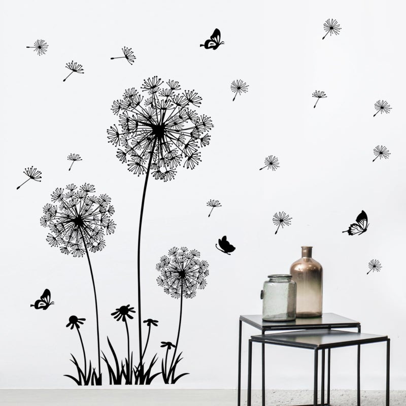 Supzone 2 Sheets Dandelion Wildflower Wall Decals Art, Wall Art Stickers Peel and Stick Floral Butterflies Flying Decor for Girls Kids Women Baby Nursery Living Room Bedroom Bathroom Hallway Stairwell(Black) - Image 1